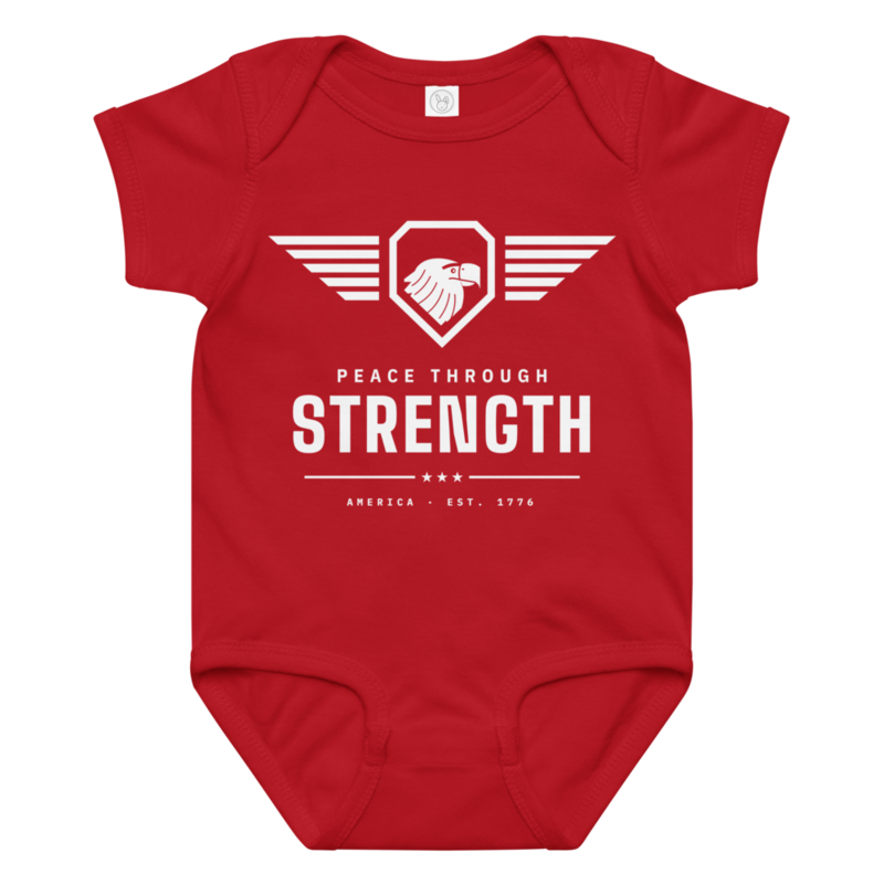 Peace Through Strength Baby Bodysuit in Red