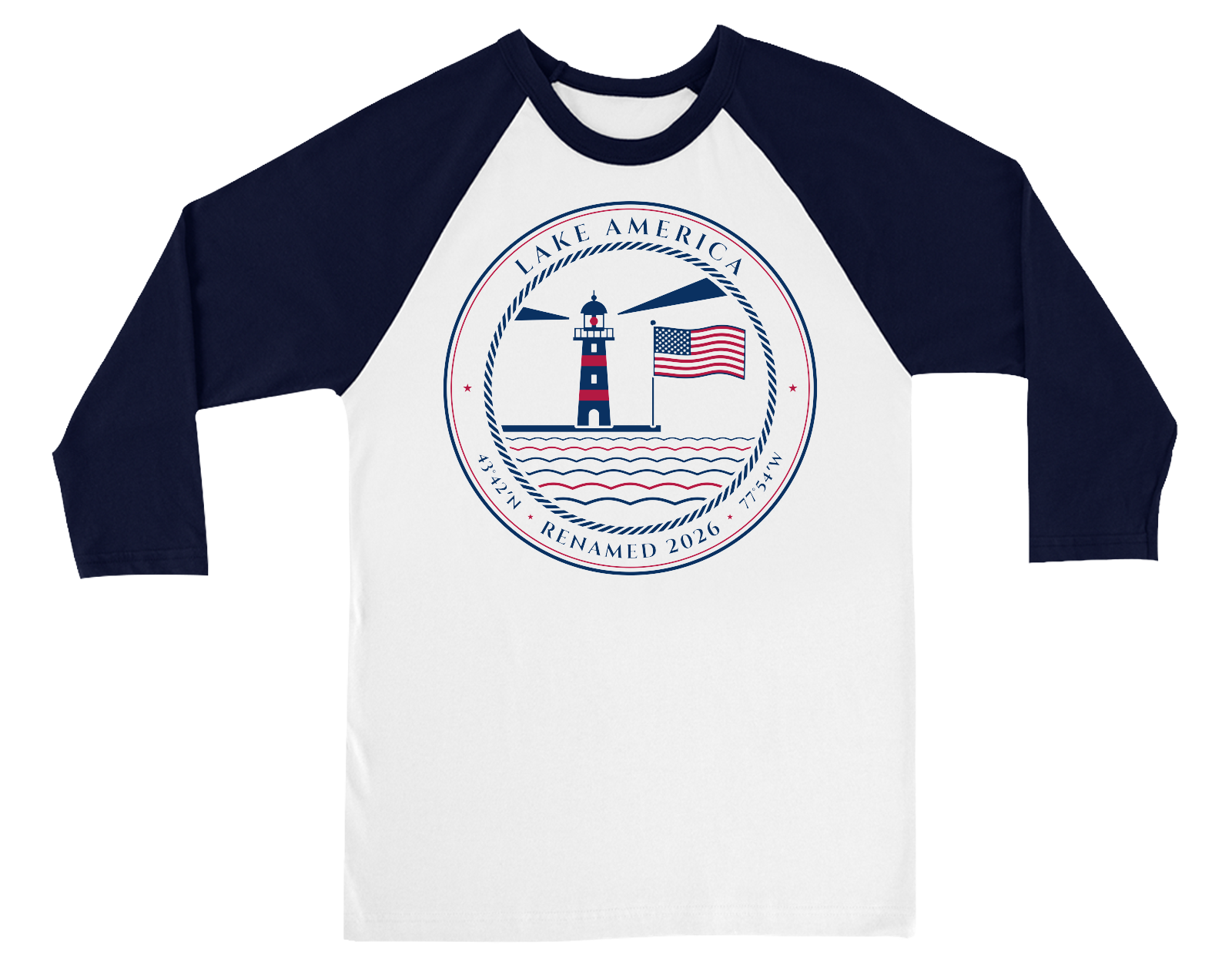 Lake America Baseball Tee in White / Navy Sleeves