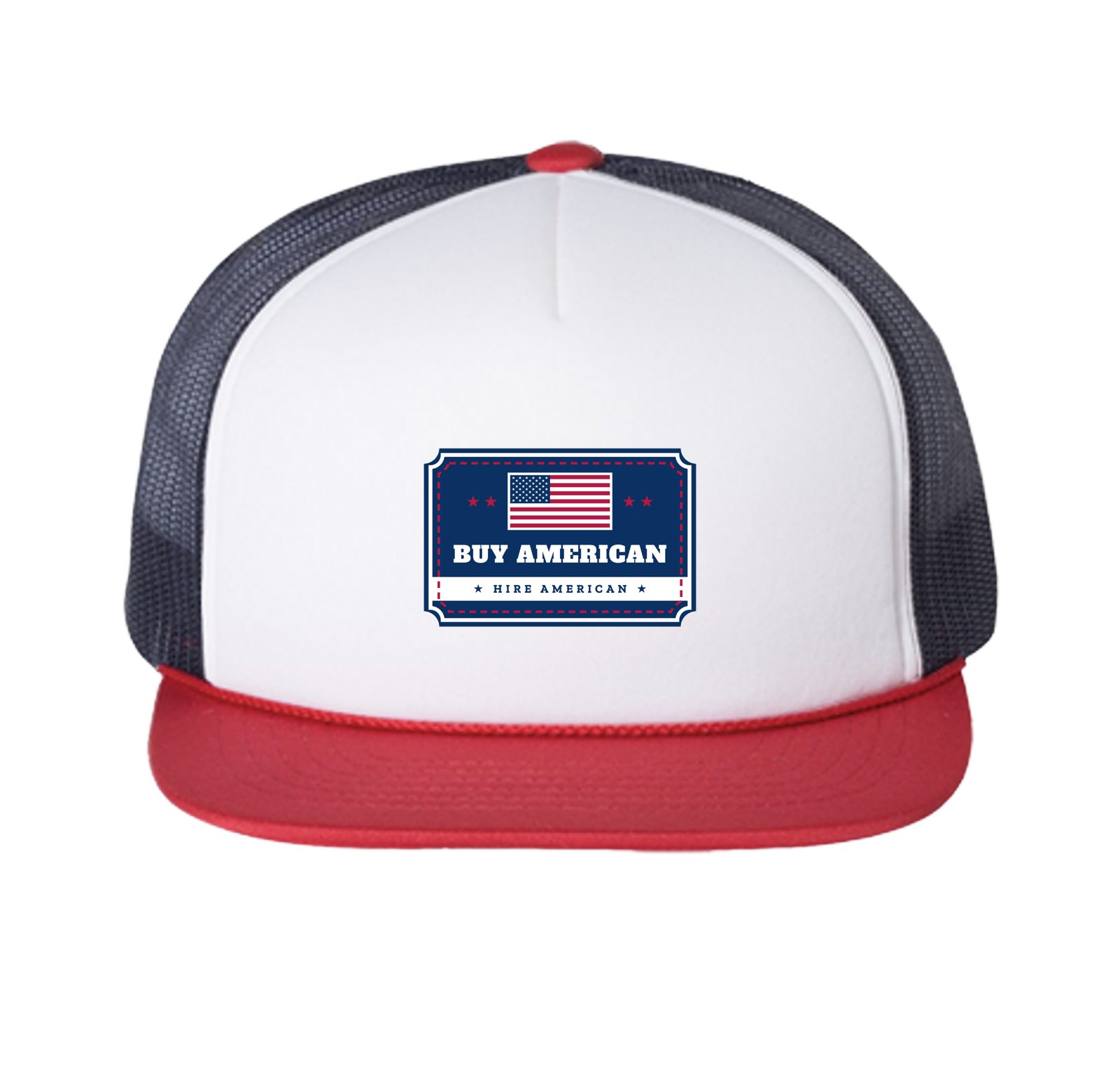 Buy American, Hire American Trucker Cap in White / Navy / Red