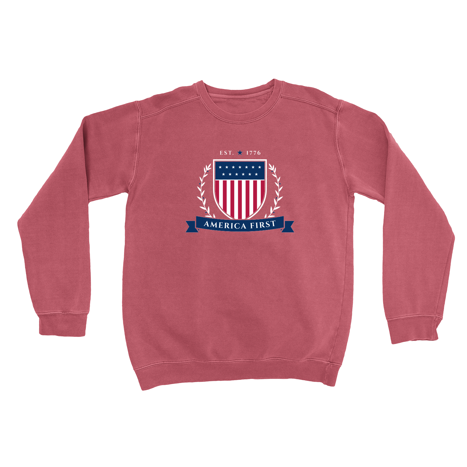 America First Crest Garment-Dyed Crewneck in Crimson