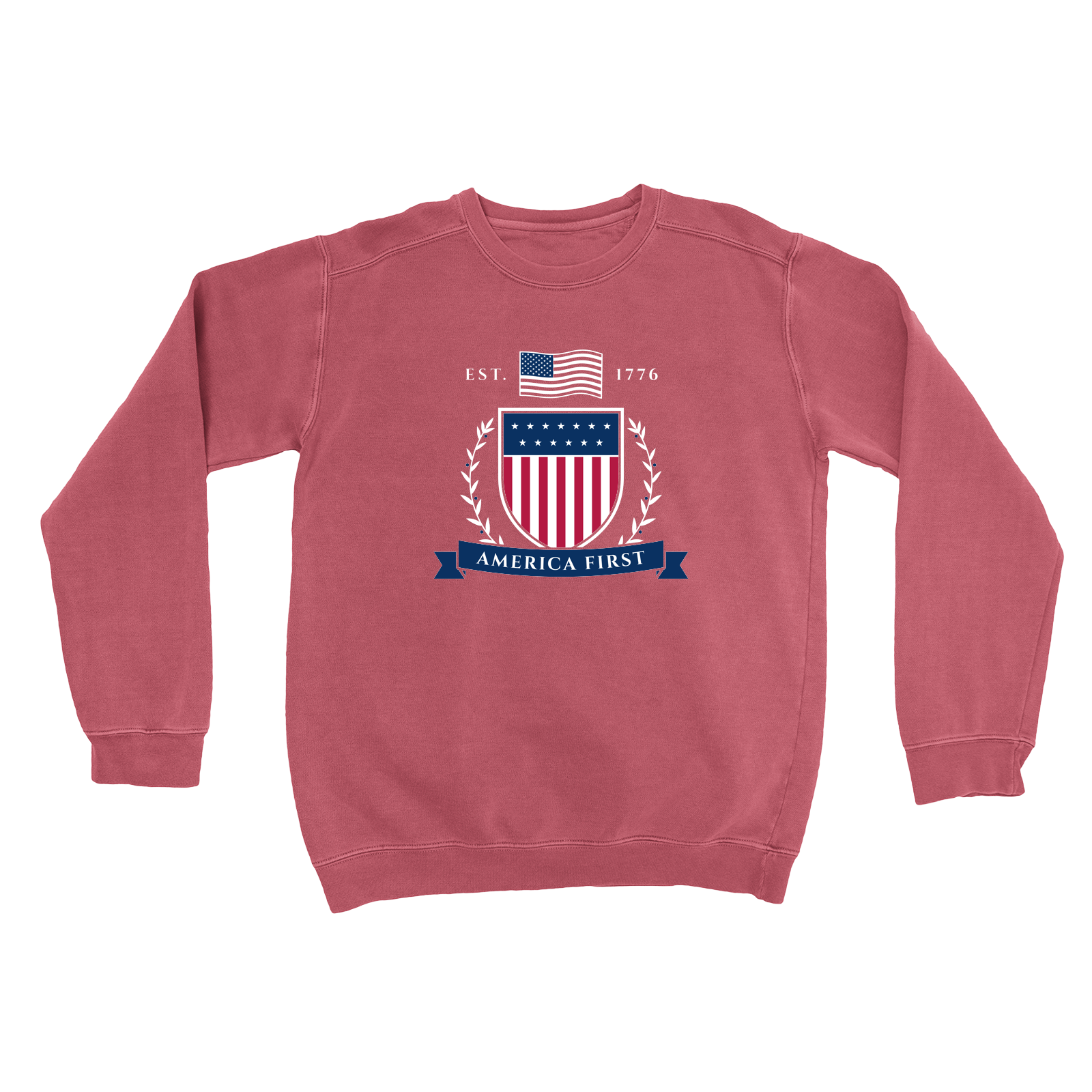 America First Crest Garment-Dyed Crewneck in Crimson
