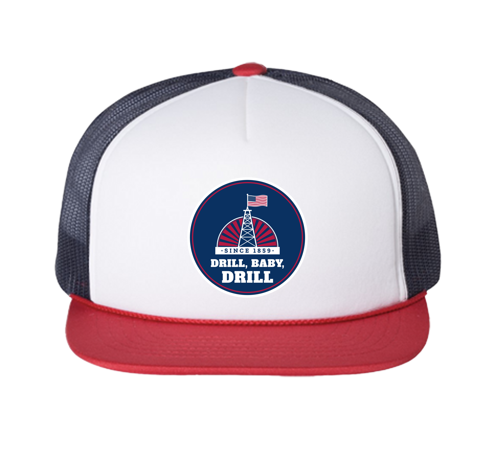 Drill, Baby, Drill Trucker Cap in White / Navy / Red