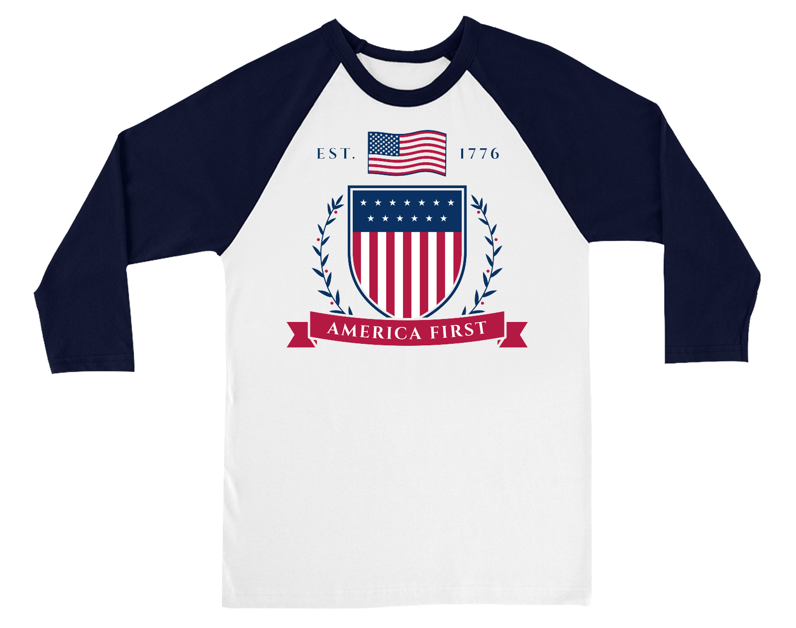 America First Crest Baseball Tee in White / Navy Sleeves
