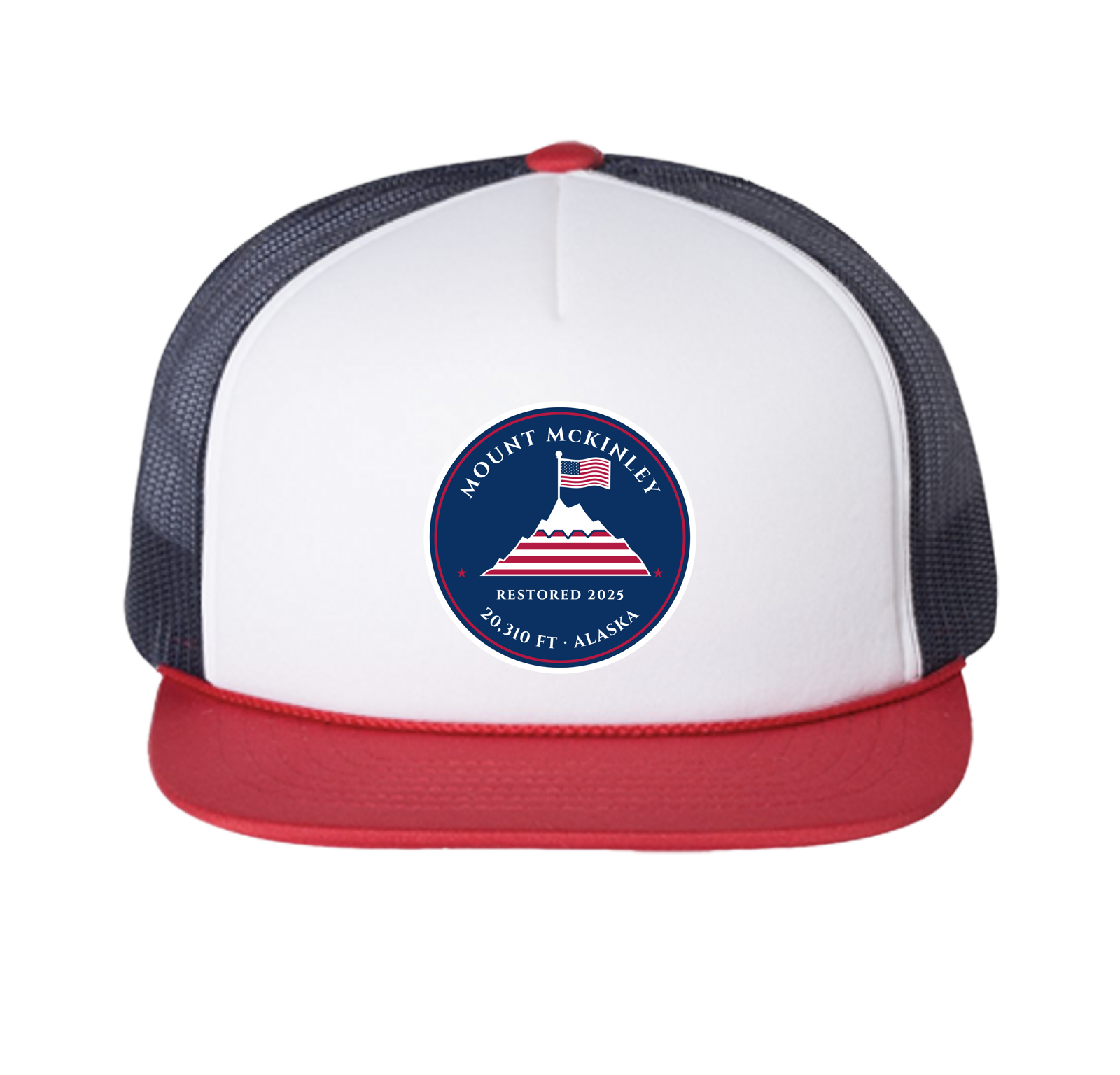 Mount McKinley Trucker Cap in White / Navy / Red